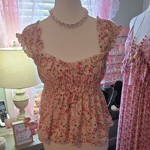 Gorgeous Pink Floral Ruffled Peasant Baby Doll Tank Top. Like New.
